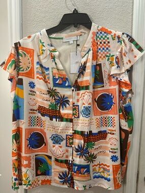NWT SugarLips  Tropical Patchwork Flutter Sleeve Top with Orange Accents 2x